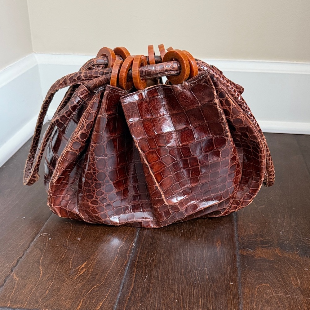 Vintage Brown Leather Crocodile-Embossed Women's Bag